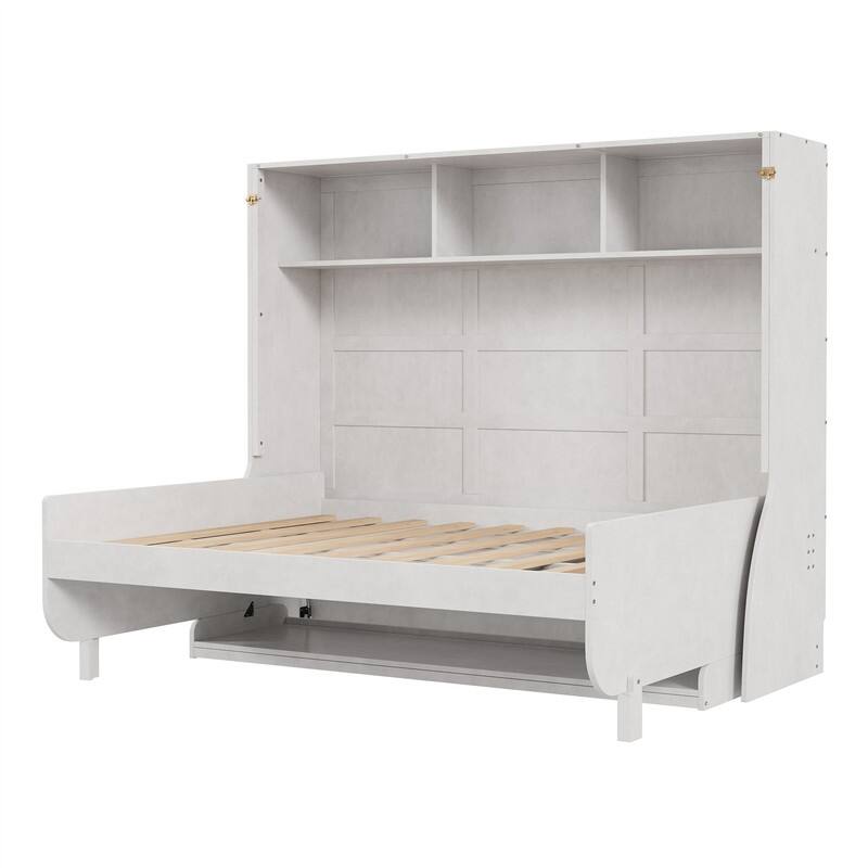 Full Size Murphy Bed with a Desk and Storage Shelves, Wooden Wall Bed Murphy Cabinet Bed with Top Cabinet, Space Saving Design