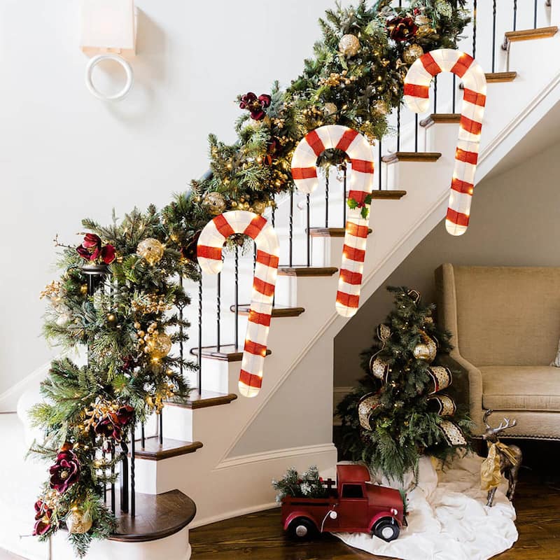 Costway 3 PCS Pre-Lit Candy Canes 31.5"H Xmas Yard Signs with 75 LED - Red + White - See Details