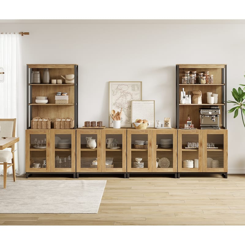 Modern Farmhouse Buffet Cabinet with 3 Tiers and 4 Cabinets, Wooden Sideboard for Dining Room or Kitchen