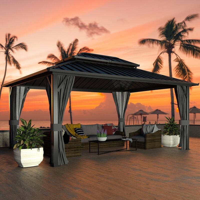 VEIKOUS Aluminum Double Hardtop Gazebo Pergola for Patio, Lawn, and Garden with Removable Curtains and Netting