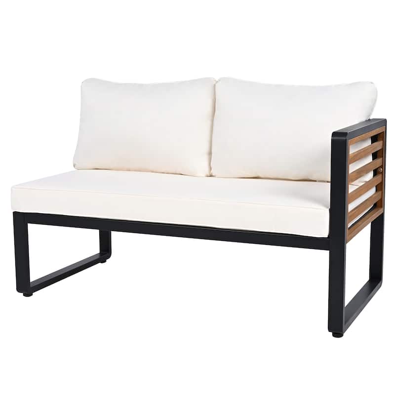 4 Pieces Outdoor Patio Conservation Set, Metal and Wood Frame Sectional L-shaped Sofa with Soft Cushion and a Coffee Tables