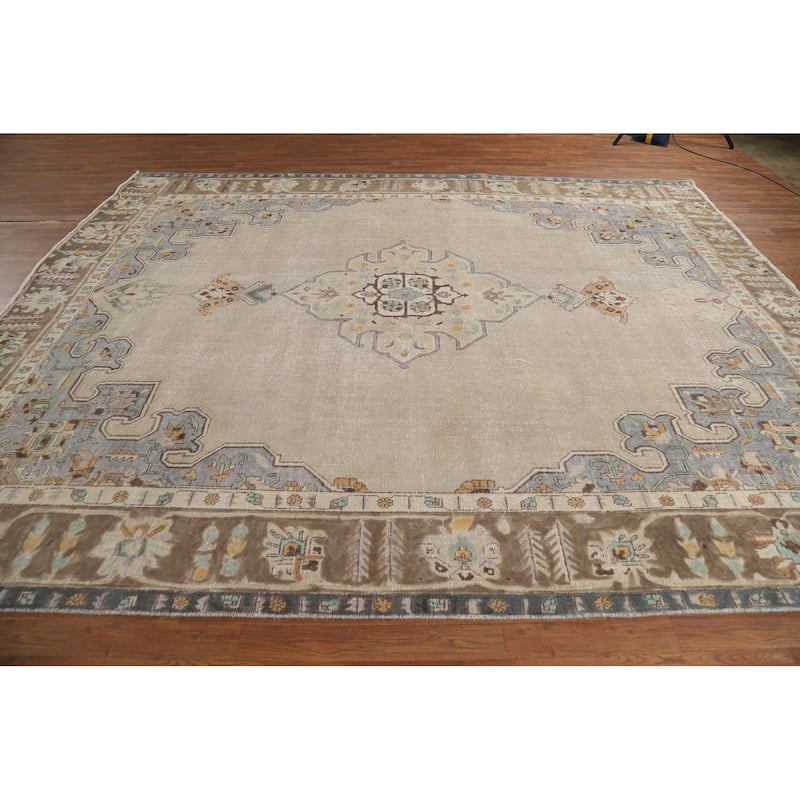Medallion Tabriz Persian Area Rug Beige Handmade Wool Carpet - 9'1"x 11'0"