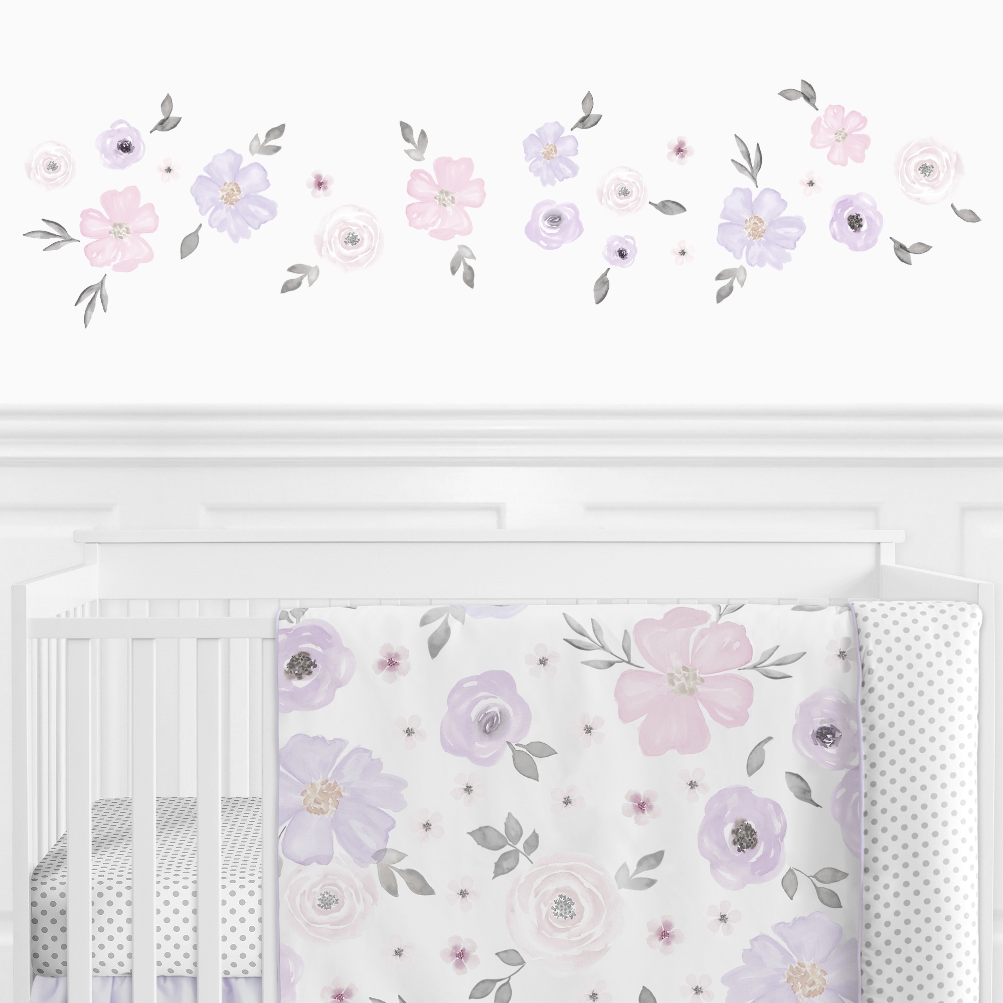 Sweet Jojo Designs Lavender Purple Pink Grey Watercolor Floral Wall Decal Stickers Art Nursery Decor (Set of 4) - Rose Flower