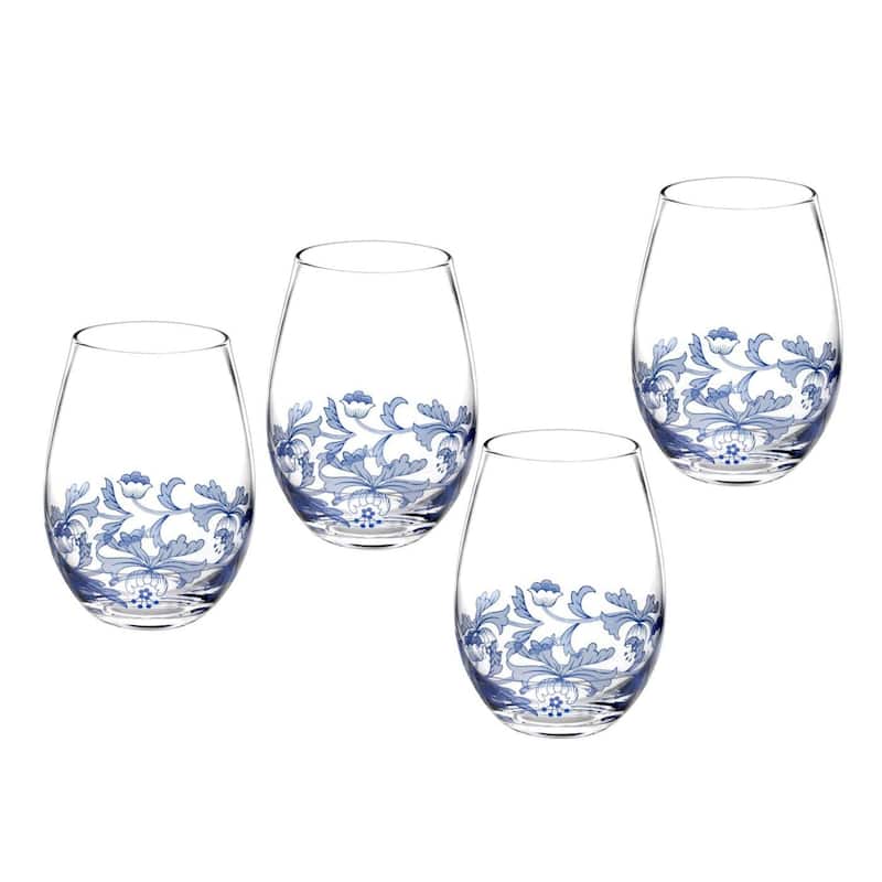 Spode Set of 4 Blue Italian Stemless Wine Glass - 19 oz. - 19 oz. - Blue/Clear