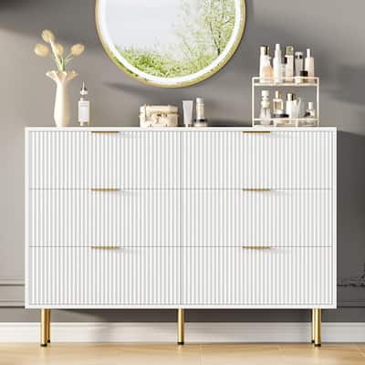 Fluted 6 Drawer Dresser for Bedroom, Large Chest with Gold Handle, Modern Wood Organizer for Living Room or Hallway
