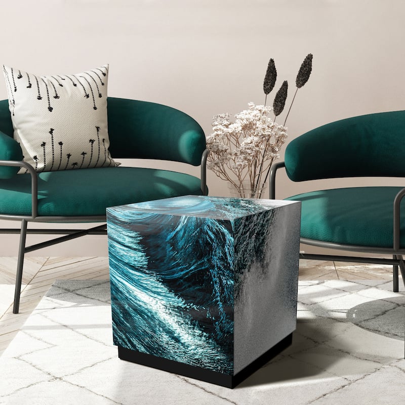"Sapphire Sea" Reverse Printed Beveled Art Glass Cocktail Table with Black Plinth Base