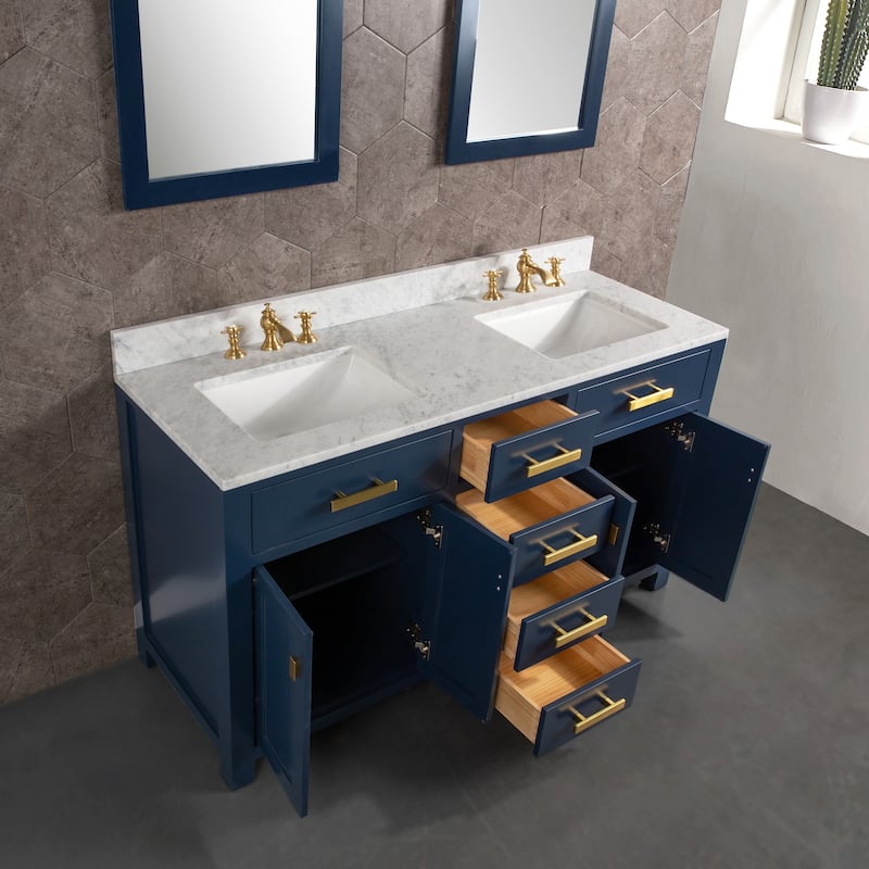 Madison 60-inch Blue Double Sink Carrara White Marble Vanity