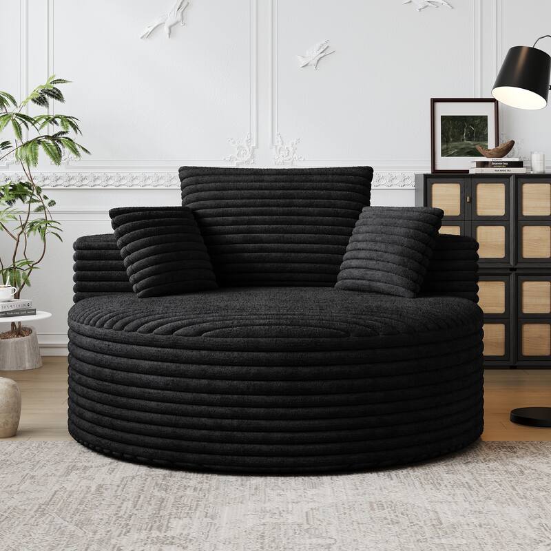 Corduroy Upholstered Single Sofa, Oversized Fluffy Sleeper Chair, Round Reading Chair with Headrest & 2 Pillow
