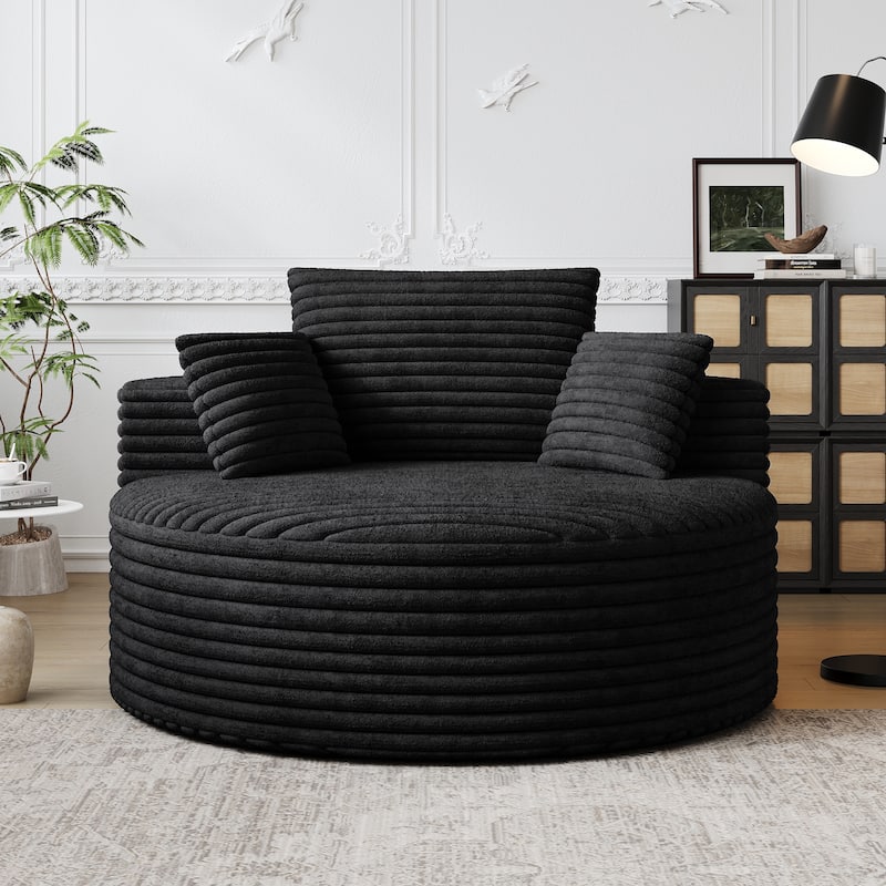 Fluffy Barrel Chair Corduroy Chaise Lounge Single Floor Sofa Armchair Cloud Recliner Chair with Cylindrical Pillow - Black
