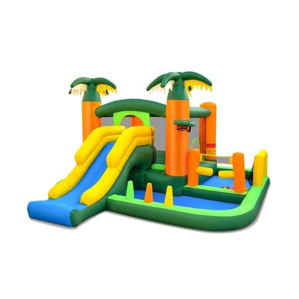 slide 2 of 8, 8-in-1 Tropical Inflatable Bounce Castle with 2 Ball Pits Slide and Tunnel - Multicolor Without Blower