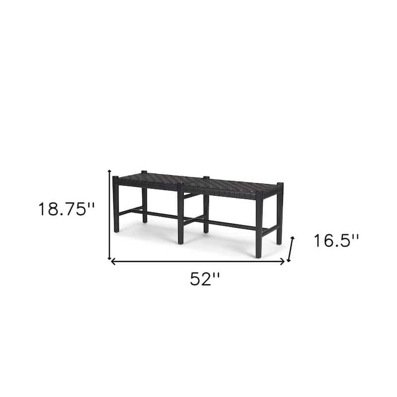 HomeRoots 52" Black Genuine Leather and Solid Wood Upholstered Bench - 52.00 in. x 18.75 in. x 16.50 in.