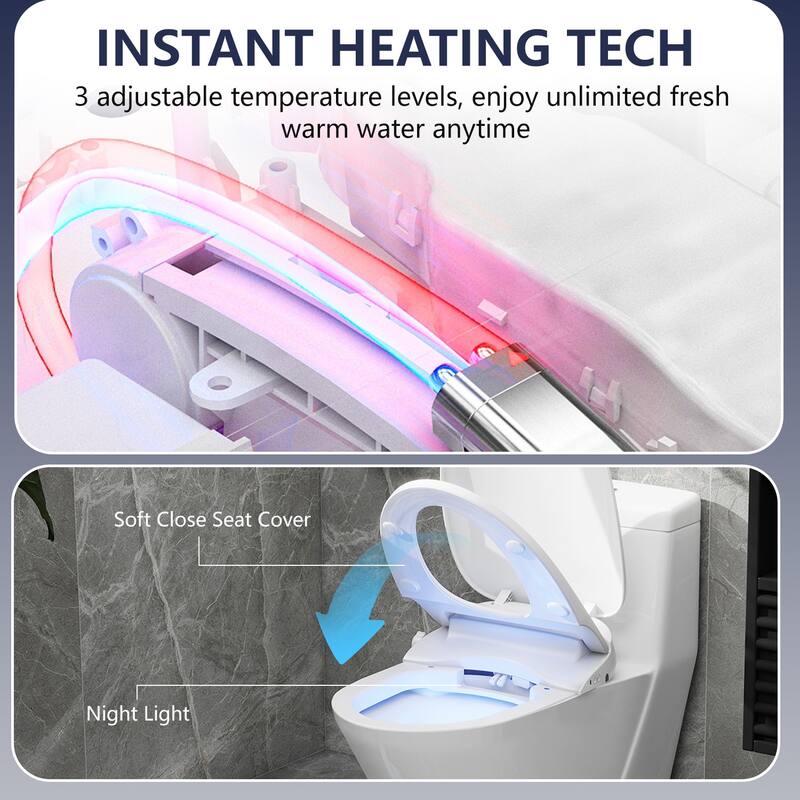 Smart Bidet Toilet Seat with Side Control Knob & Buttons, Heated Seat, Warm Water & Air Dryer, LED Nightlight, Elongated