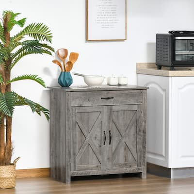 HOMCOM 32" Farmhouse Barn Door Style Sideboard Cabinet,Buffet Storage Cabinet Coffee Bar for Living Room or Entryway
