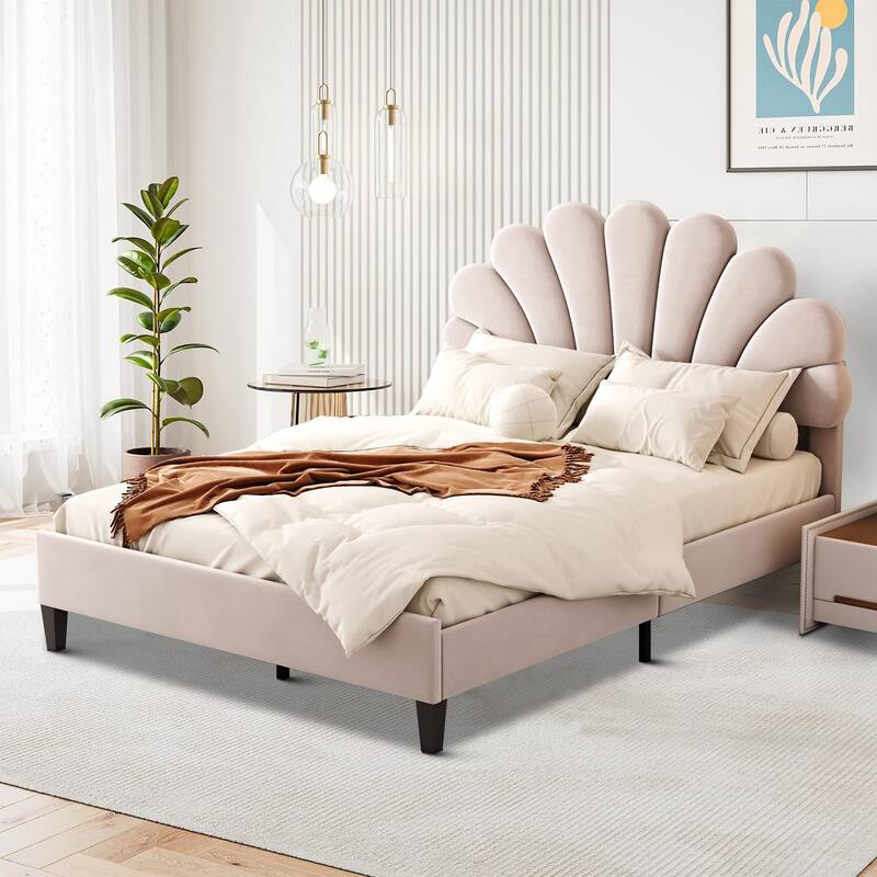 Stylish Unique Velvet Upholstered Platform Bed Frame with Flower-Shaped Headboard - Beige - Full