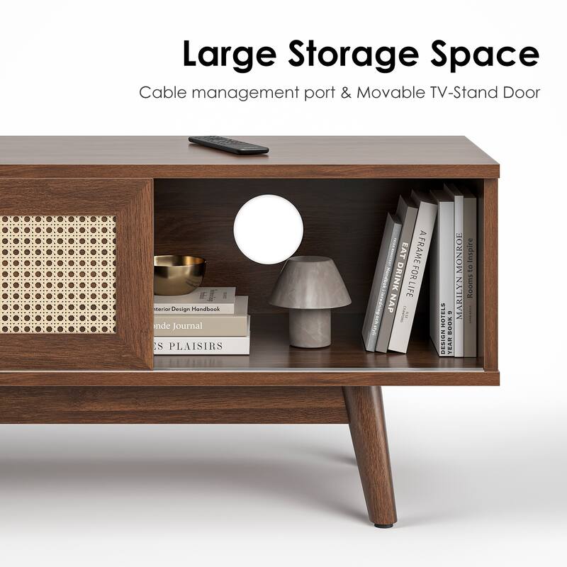 75" Rattan TV Stand, Wood TV Stand with Storage, Mid Century Modern TV Stands for Living Room, Boho Media Console