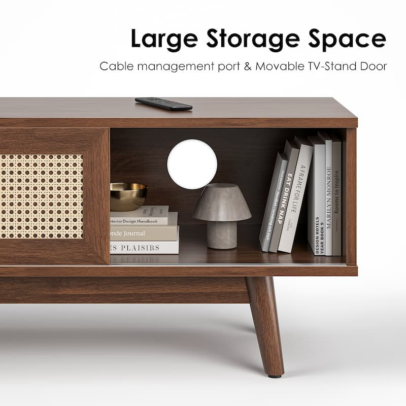 PE Rattan TV Stand with Open Storage & Cabinet, Mid Century Modern Entertainment Center with Cable Management, Walnut