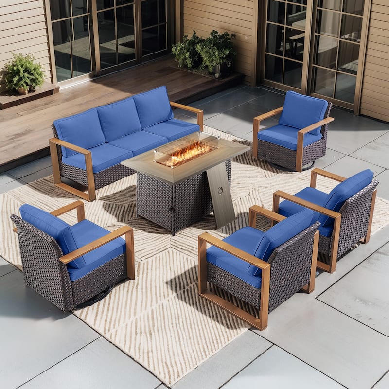 Pocassy Fire Pit Table with Outdoor Sofa Chair Ottoman Set - Brown Wicker Blue Cushion - 6-Piece Sofa Chair with Fire Table