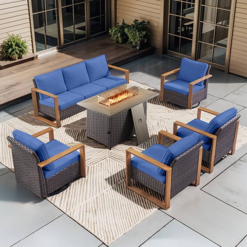Pocassy Outdoor Sofa Patio Chair with Fire Table Set - Brown Wicker Blue Cushion - 6-Piece Sofa Chair with Fire Table
