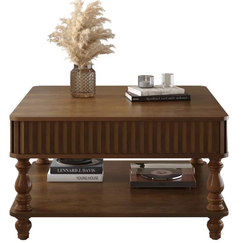 Fluted 31.5" Square Lift-Top Coffee Table with Hydraulic Mechanism for Hidden and Open Storage Solutions