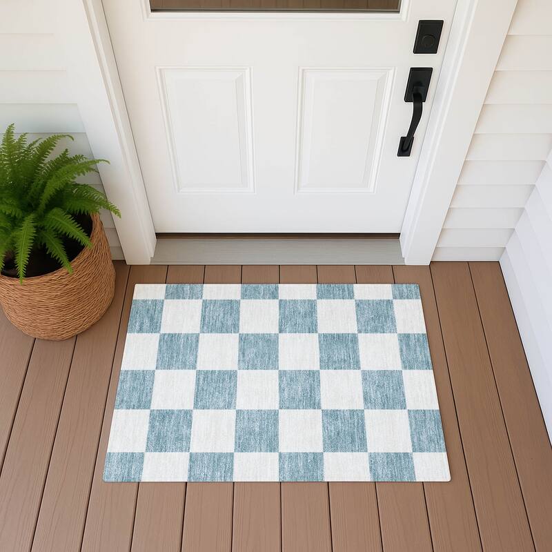 Machine Washable Indoor/ Outdoor Modern Checker Chantille Rug - Teal - 1'8" x 2'6"