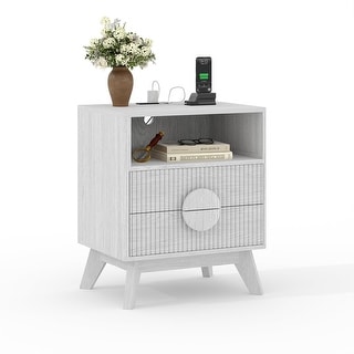 Fluted Nightstand with Charging Station, Modern 19.6in Wide End Table Wood Bedside Table with 2 Drawers for Bedroom