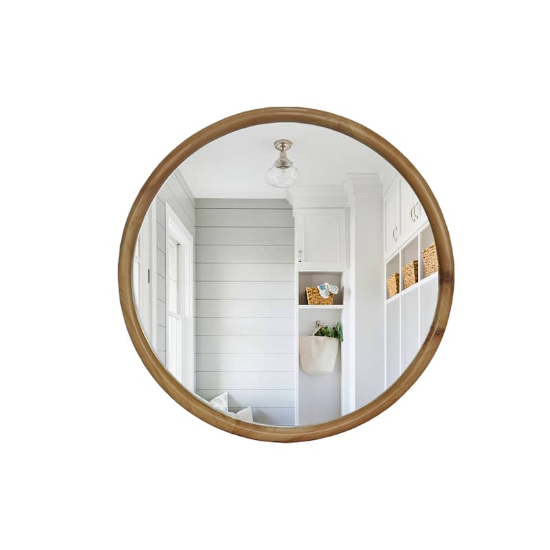 Round Natural Wood Frame Wall Mirror - Mid-Century Modern Decor for Bathroom, Entryway - Natural Wood