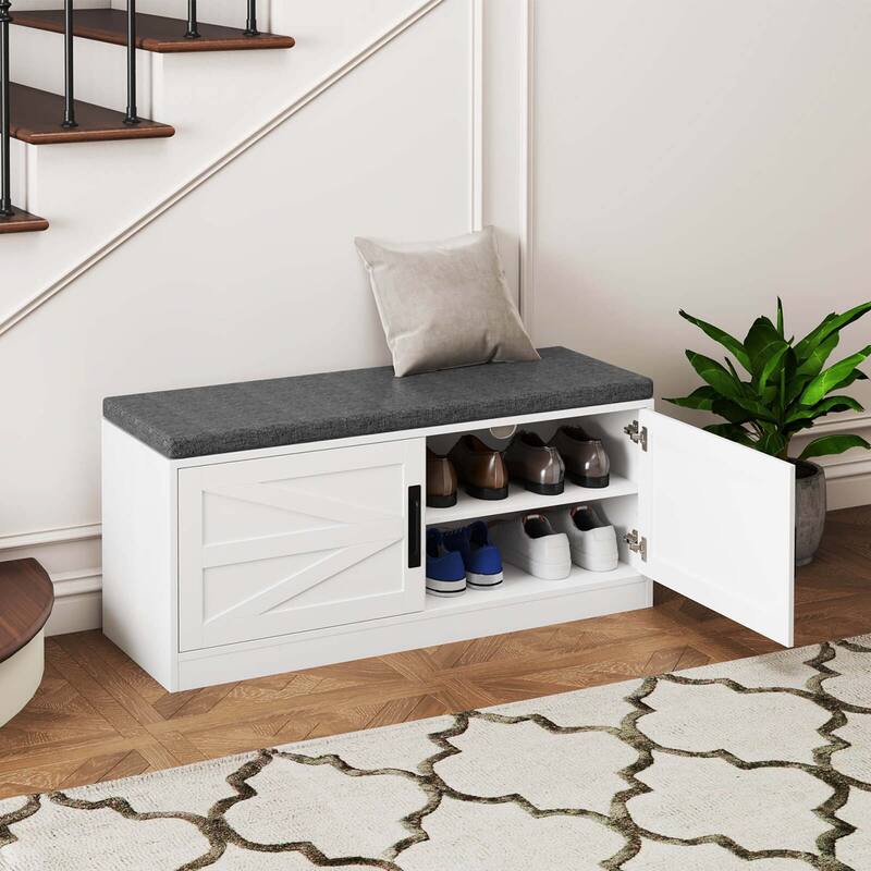 Costway Shoe Bench Farmhouse Shoe Rack Organizer with Cushion 2 Doors - See Details
