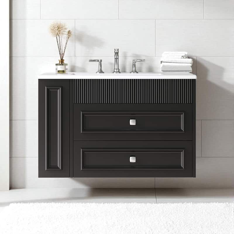 30" Wall Mounted Bathroom Vanity with Ceramic Sink and 2 Drawers, Modern Floating Storage Cabinet - Black