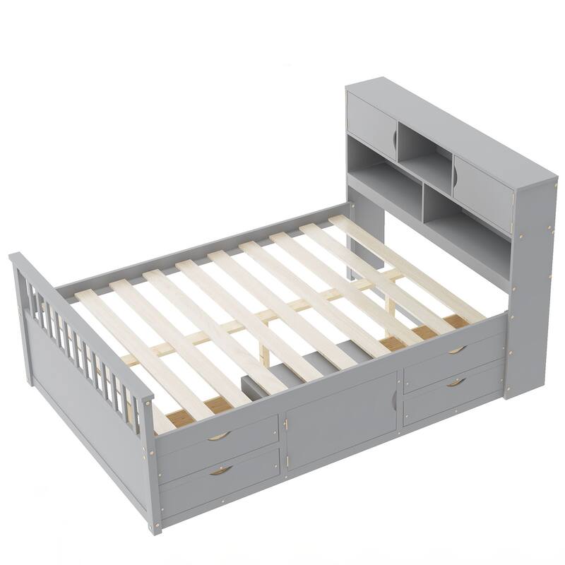 Full Size Captain Platform Bed Frame with Storage Bookcases and Shelves