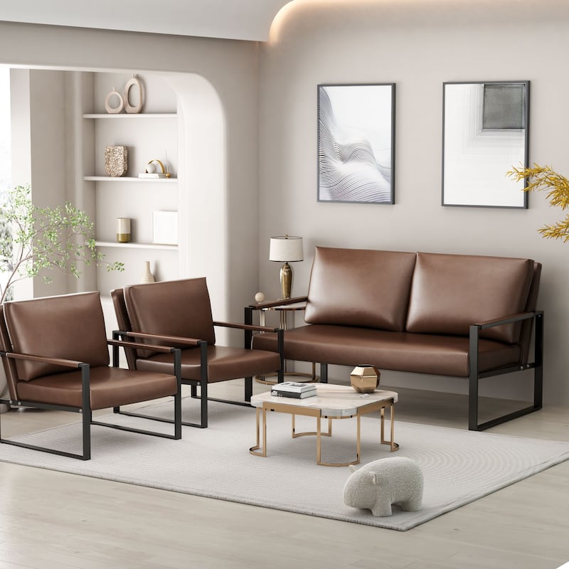 Mieres Mid-Century Style 3-Piece PU Leather Living Room Sofa Set Including 2 Armchairs and 1 Loveseat Sofa