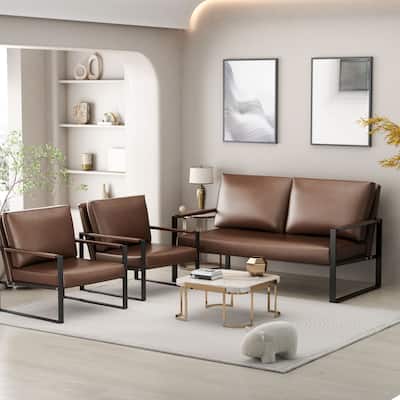 Mieres Mid-Century Style 3-Piece PU Leather Living Room Sofa Set Including 2 Armchairs and 1 Loveseat Sofa