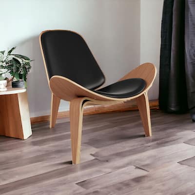 HomeRoots 36" Black And Wood Brown Genuine Leather Lounge Chair - 36' X '30' X '33