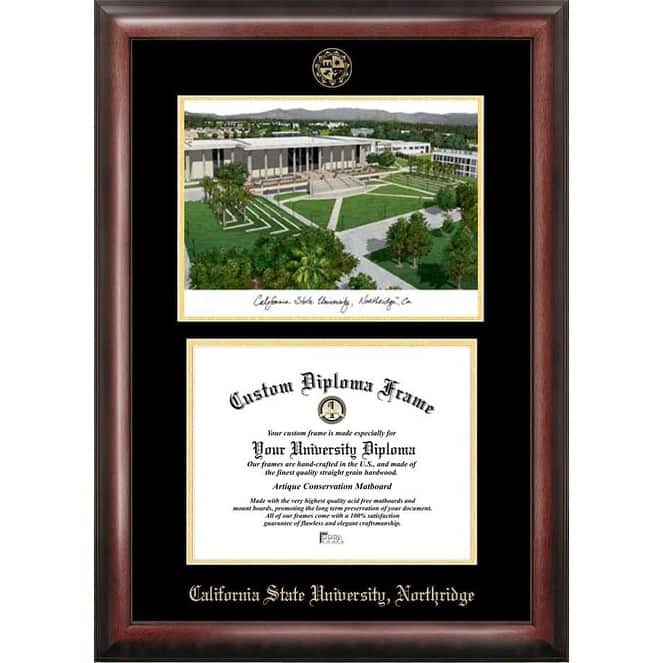 California State University, Northridge 11w x 8.5h Gold Embossed Diploma Frame with Campus Images Lithograph