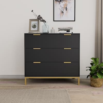 Anmytek 3-Drawer Black Chest of Drawers with Gold Metal Legs Mid Century Modern Dresser 31.5 in. W x 29.5 in. H x 15.7 in. D