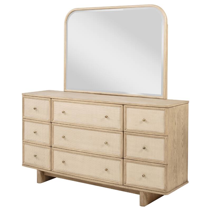 Lno Wide Dresser with Mirror, 9 Drawers, Beige Oak Wood Frame