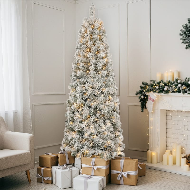 6FT & 7.5FT Pre-Lit Snow-Flocked Artificial Christmas Tree with Warm White Lights