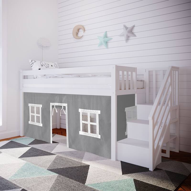 Max and Lily Twin Low Loft with Stairs and Curtains - White with Grey/White Curtain