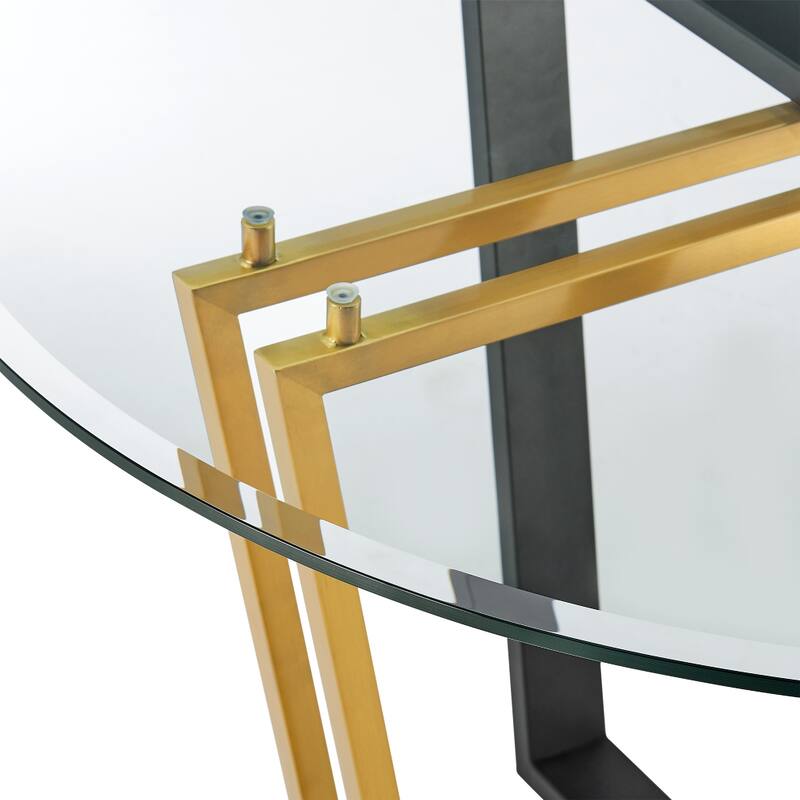 Sanaya Dining Table, 48 Inch Glass Top, Gold Steel, Black Iron - Gold, Black, Clear