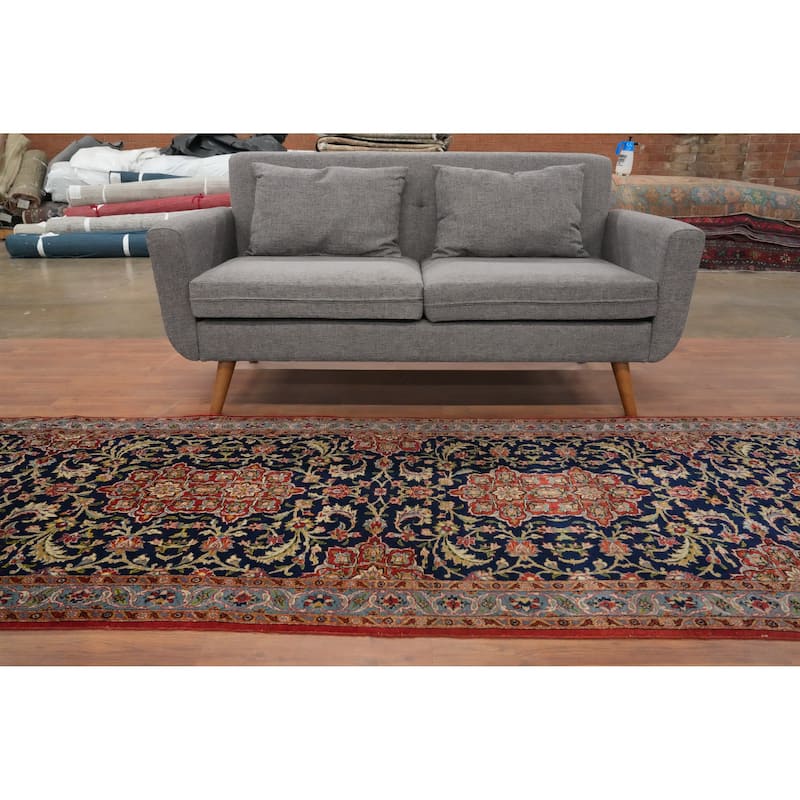 Hand Knotted Oriental 100% Wool Carpet Traditional Floral Navy Blue & Blues Kashan Runner Rug - 10' 9'' X 3' 6''