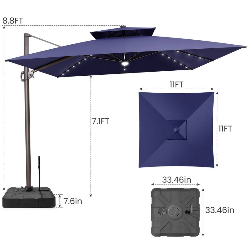 11 ft Outdoor Aluminum Dual Top Solar Powered LED Patio Cantilever Umbrella and Weighted Base with Wheels and Drag Rod