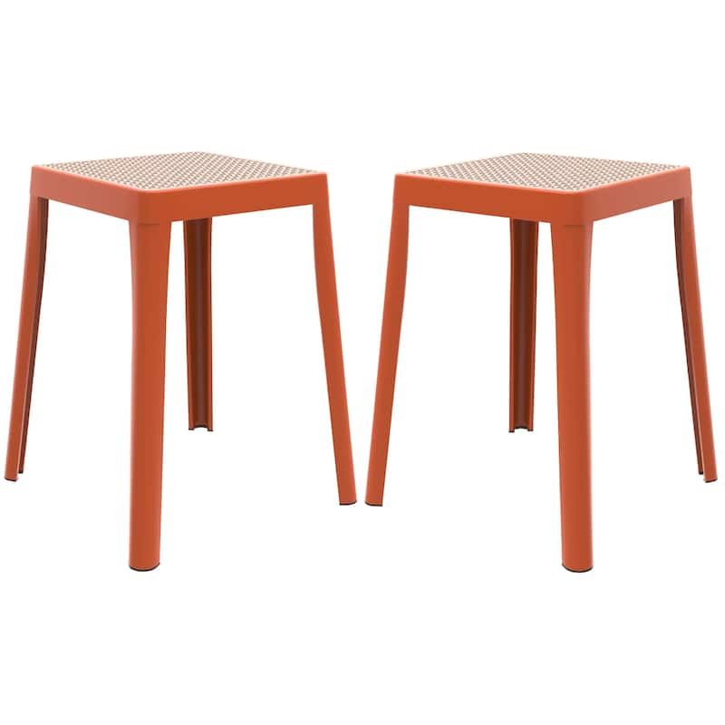 Tresse Modern Stackable Dining Stool with Wicker Seat for Dining Room, Garden, Patio, Indoor or Outdoor Set of 2 - Orange