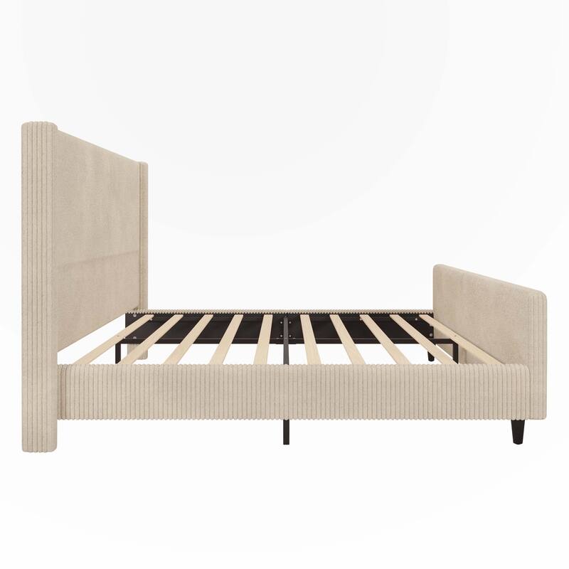 Corduroy Upholstered Bed Frame with Vertical Stripe Wingback and High Footboard