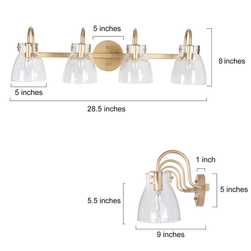 4-Light Mid-Century Modern Linear Gold Bathroom Vanity Light Glass Wall Sconces - 28.5" L x 9" W x 8" H