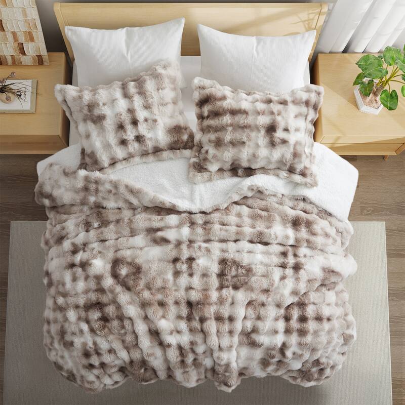 3 Pieces Fluffy Faux Rabbit Fur Comforter Set, Plush Fuzzy Bedding Set for Winter - Queen - Soft Taupe