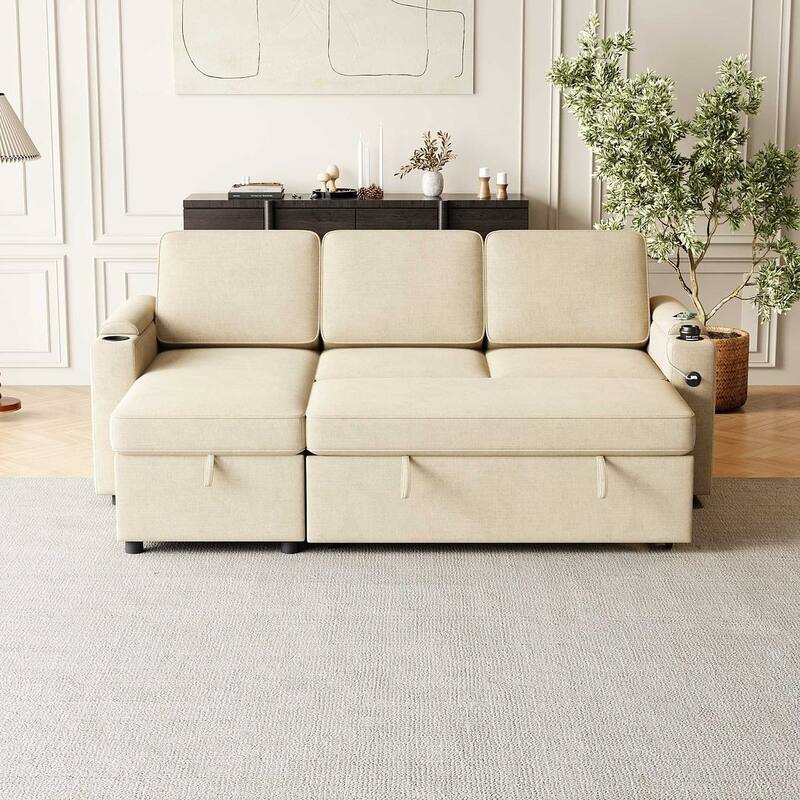 85.8" Upholstery Sleeper Sectional Sofa Pull Out Sofa Bed with Storage Space