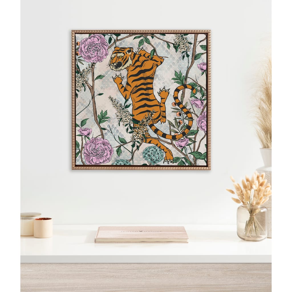 Kate and Laurel Sylvie Beaded Tiger Floral Framed Canvas by Nikki Chu