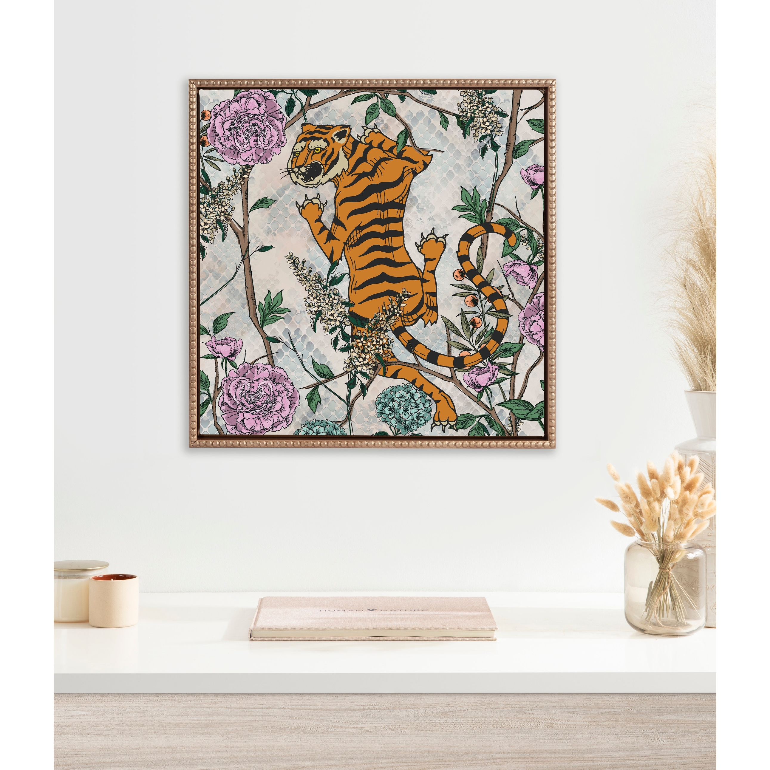 Kate and Laurel Sylvie Beaded Tiger Floral Framed Canvas by Nikki Chu
