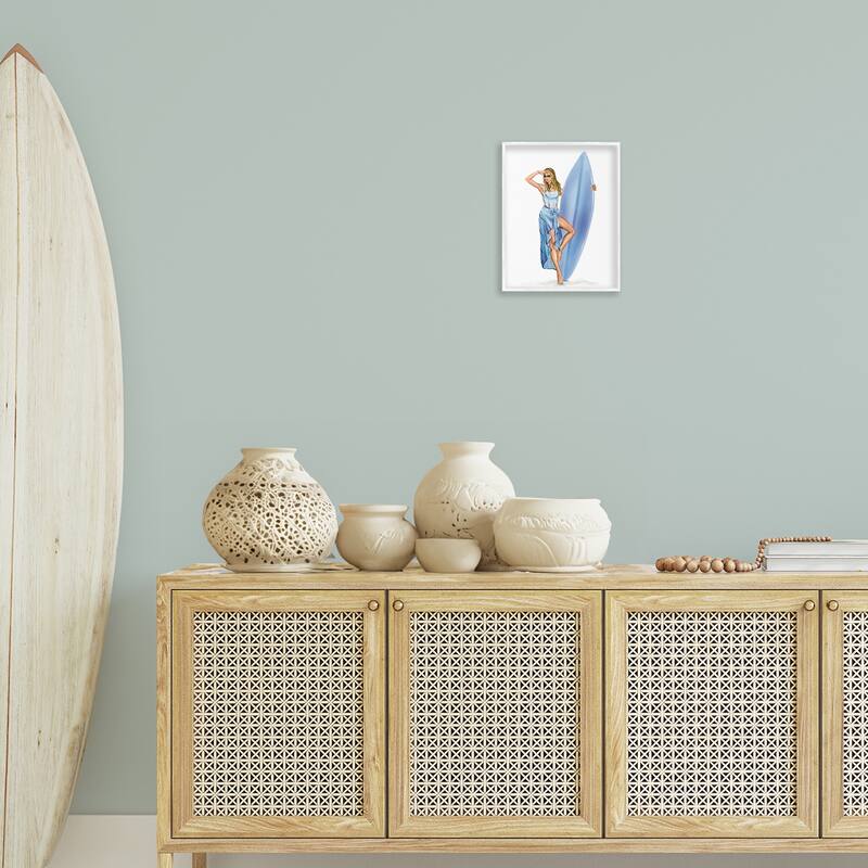 Stupell Trendy Surfer Girl in Blue Framed Giclee Art Design By Ziwei Li