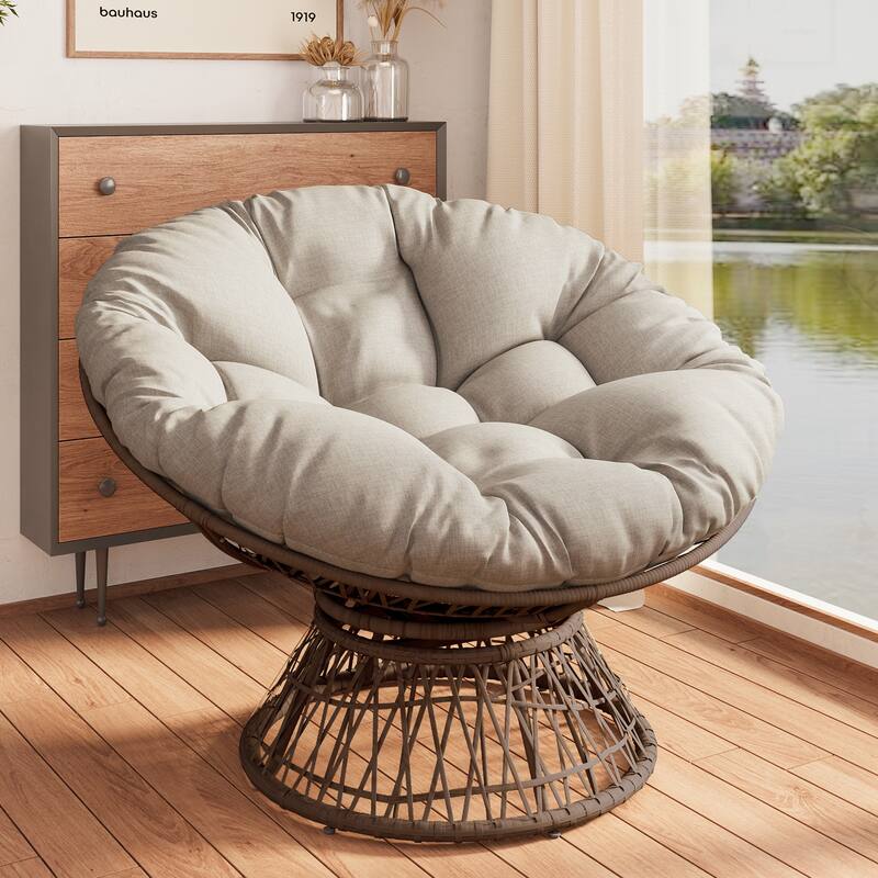41.5" Ergonomic Wicker Swivel Chair with Cloud Thick Density Fabric Cushion, 3-proof Cover,High Capacity Iron Frame - Beige,Brown