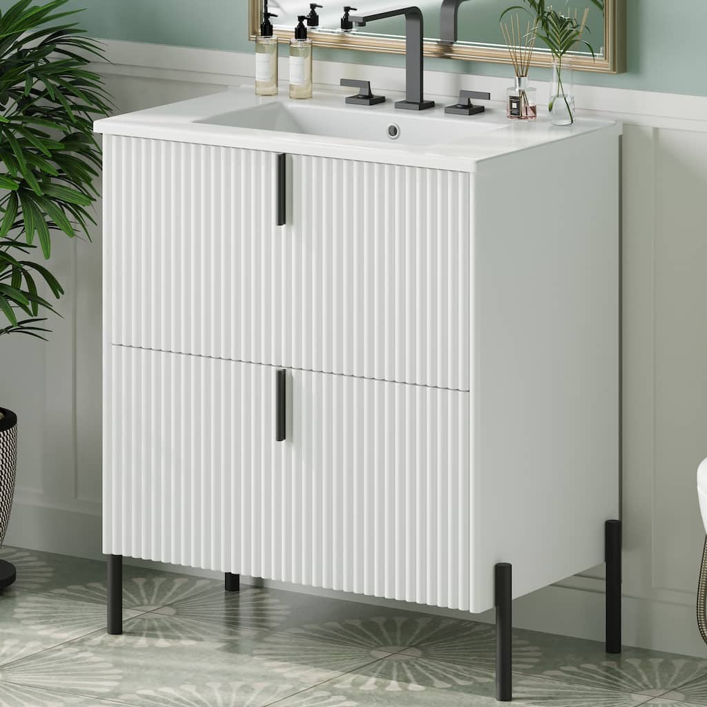 Bathroom Vanity with Ceramic Sink, Freestanding Bathroom Storage Cabinet, Fluted Bathroom Vanity with 2 Full-Extension Drawers